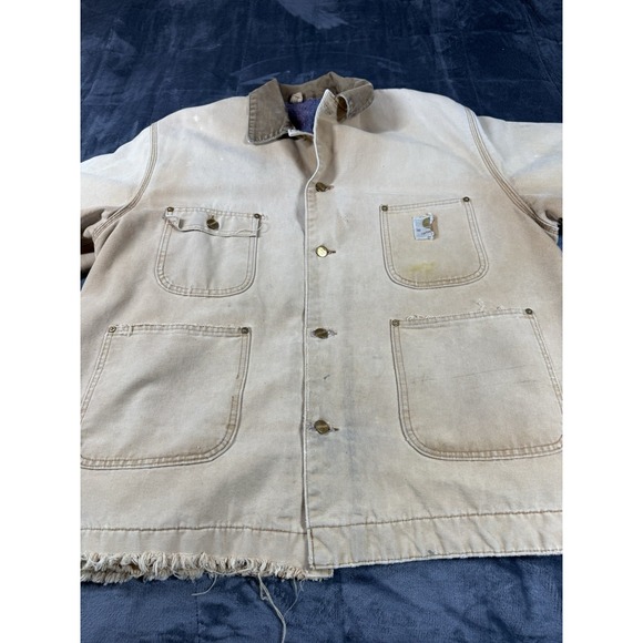 Vintage Carhartt Jacket Mens 52 Beige Barn Chore Coat Thrashed Blanket Lined 70s - Picture 2 of 10